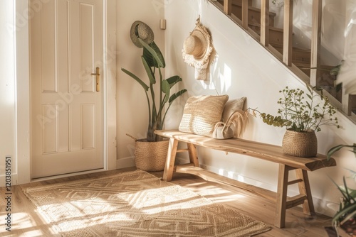 Japandi inspired entryway with wooden bench and natural decor elements photo