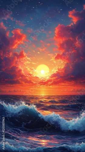 Sunset over ocean waves with vibrant colors and dramatic sky near rocky coast...