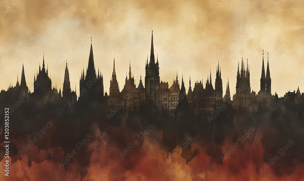 Fototapeta premium Gothic city skyline, fiery sunset, dramatic art print