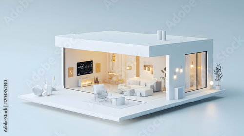 Modern Minimalist Smart Home With Open Living Room Concept, Featuring Digital Interfaces And Cozy Ambiance. Generative AI photo