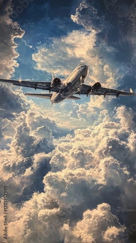 Airplane soaring through fluffy clouds in a bright blue sky at sunset