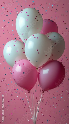 Colorful balloons with confetti highlight a festive celebration backdrop