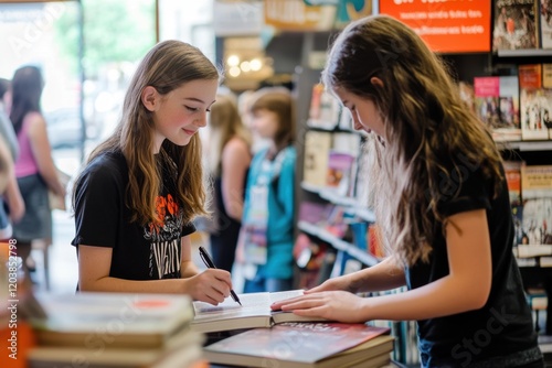 Young author signing debut novel at local bookstore celebrating achievement and creativity in a cozy reading environment engaging young readers and inspiring future writers