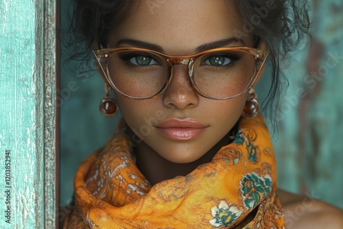 Young woman with stylish glasses and orange scarf poses against a vintage bac...