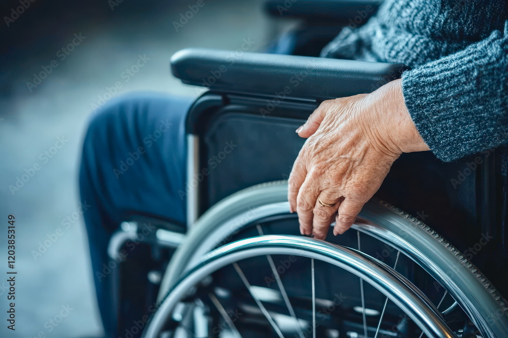 Fototapeta premium Kind female doctor holding the hand of a senior patient in a wheelchair, offering comfort and optimism during a medical consultation, in a softly lit clinic room