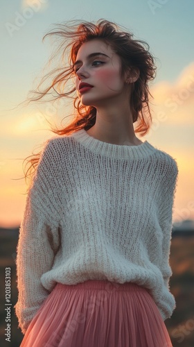Woman wearing a cozy knitted sweater and light pink skirt stands against a vi...