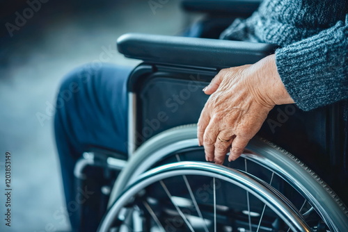 Kind female doctor holding the hand of a senior patient in a wheelchair, offering comfort and optimism during a medical consultation, in a softly lit clinic room