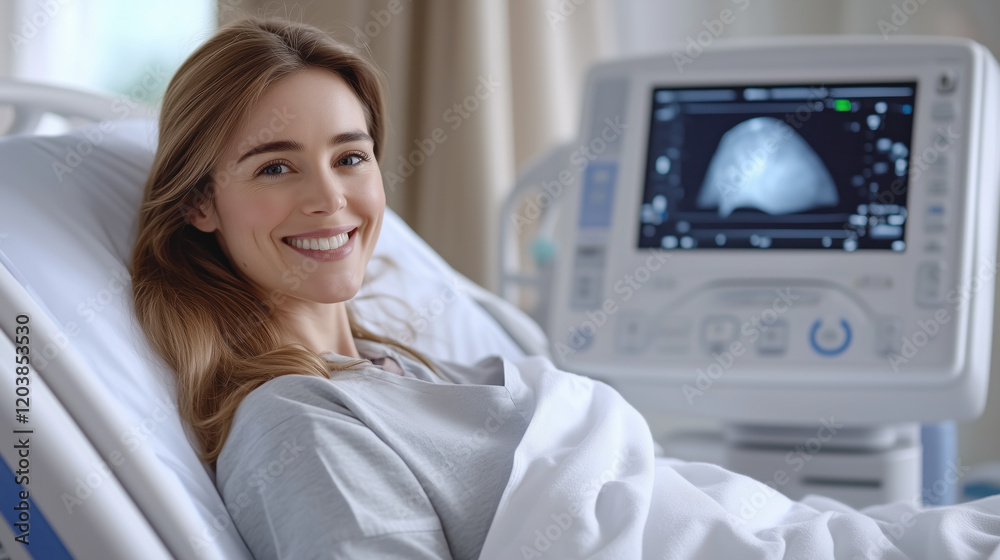 smiling woman lying in hospital bed with medical monitor in background smiling woman lying in hospital bed with medical monitor in background