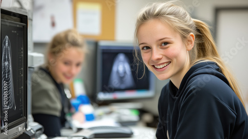cheerful sonographer smiling while working in medical imaging office