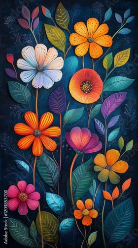 Brightly colored flowers and leaves create a vibrant botanical display on a d...