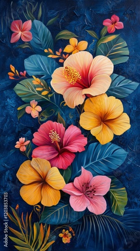 Brightly colored flowers and leaves create a vibrant botanical display on a d...