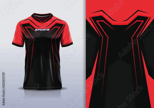 T-shirt mockup abstract stripe line jersey design for football, soccer, racing, esports, running, in red black color