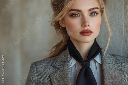 Elegant woman in tailored suit with neutral background showcasing confident e...