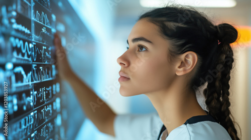 focused woman analyzing futuristic data on digital screen in high tech lab Free Download focused woman analyzing futuristic data on digital screen in high tech lab - GFXLoad