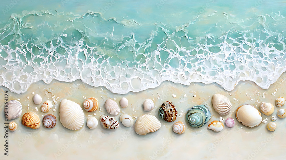Obraz premium serene beach scene featuring pastel shells along gentle wave. soft colors evoke tranquil atmosphere, perfect for relaxation
