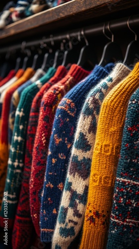 Colorful display of knitted sweaters in a retail shop during autumn season