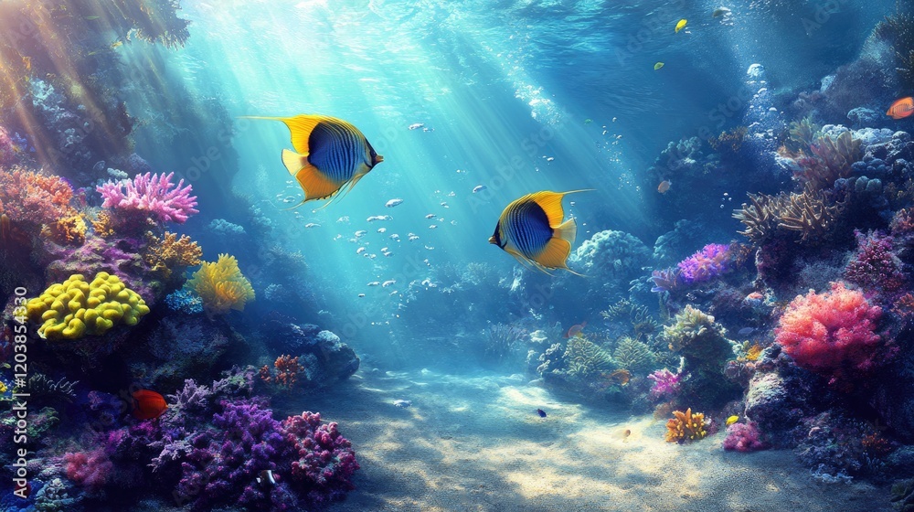 Naklejka premium A stunning underwater view of two butterfly fish near a coral reef, perfect for diving and snorkeling visuals.