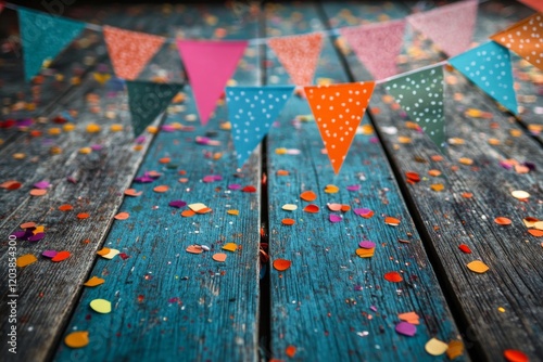 Colorful party decorations with confetti and bunting on a wooden surface duri...