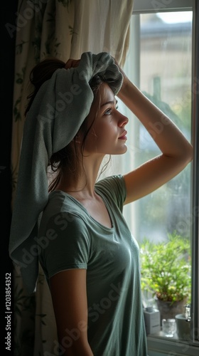 Woman standing by the window with a towel on her head in a cozy indoor setting