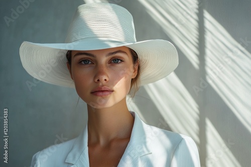 Elegant woman wearing a wide-brimmed hat in soft sunlight with shadows accent...