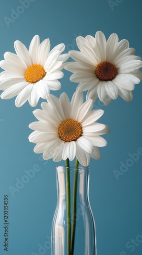 Freshly cut white daisies arranged in a clear glass vase against a blue backg...
