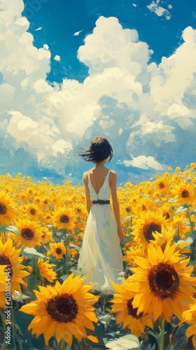 Young woman stands amidst a vast sunflower field under a bright blue sky