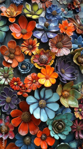 Colorful paper flowers arranged in vibrant patterns for decoration
