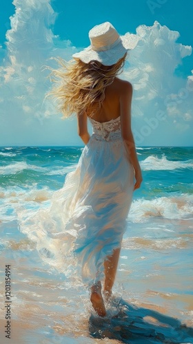 Woman in white dress walks along the beach under a bright blue sky with ocean...