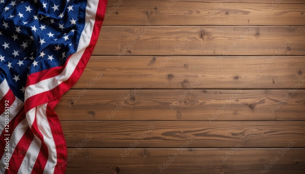 Obraz premium American flag on rustic dark wooden background with copy space. Patriotic USA flag banner texture for 4th of July Independence Day, Memorial Day and Veterans Day marketing.