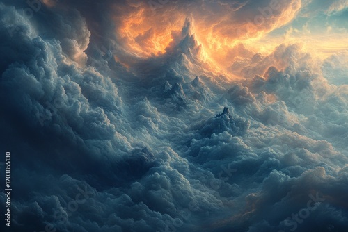 Dramatic clouds illuminated by sunset create a surreal mountain landscape in ...
