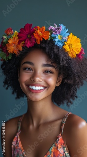 Smiling woman with flower crown in colorful dress during sunny day at outdoor...