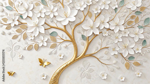 Elegant Floral Tree 3D Wallpaper with White Flowers and Golden Stems for Luxurious Home Interiors