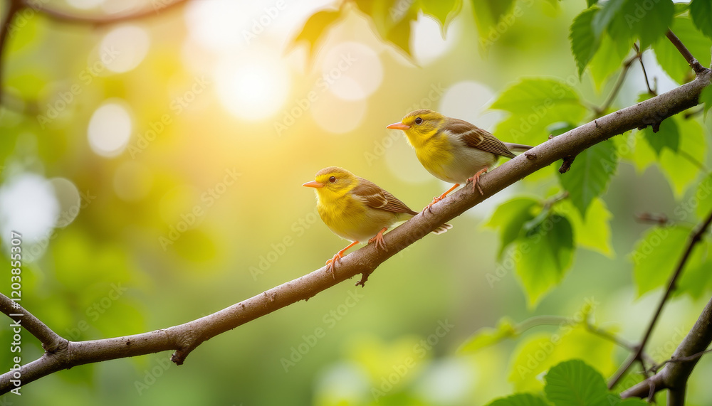 Wood warblers resting on branch in sun-dappled forest, nature's calm Wood warblers resting on branch in sun-dappled forest, nature's calm