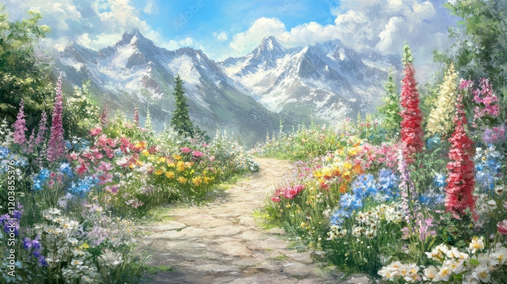 Mountain Meadow Path Flowers Blooming Landscape Mountain Meadow Path Flowers Blooming Landscape