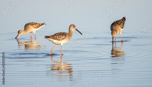 Bar-tailed godwits feeding in tidal flats at sunrise, bird migrations