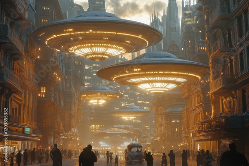 Mysterious flying saucers hover over a futuristic city at twilight