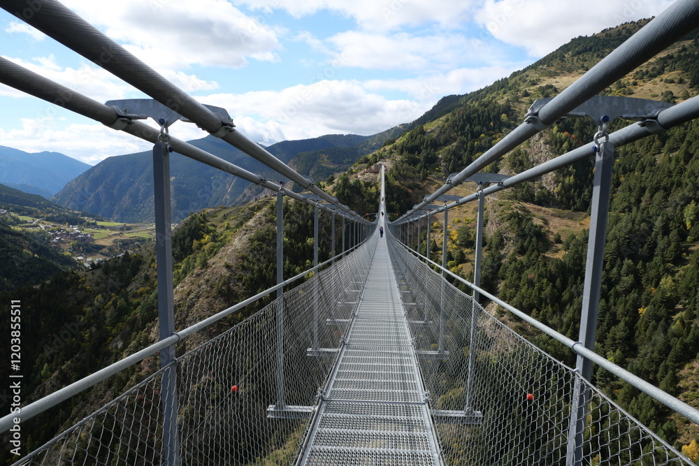 Obraz premium The Andorra Tibetan Bridge, known as Pont Tibetà Canillo, stretches high above a deep valley, offering stunning views of the surrounding mountains and landscape.