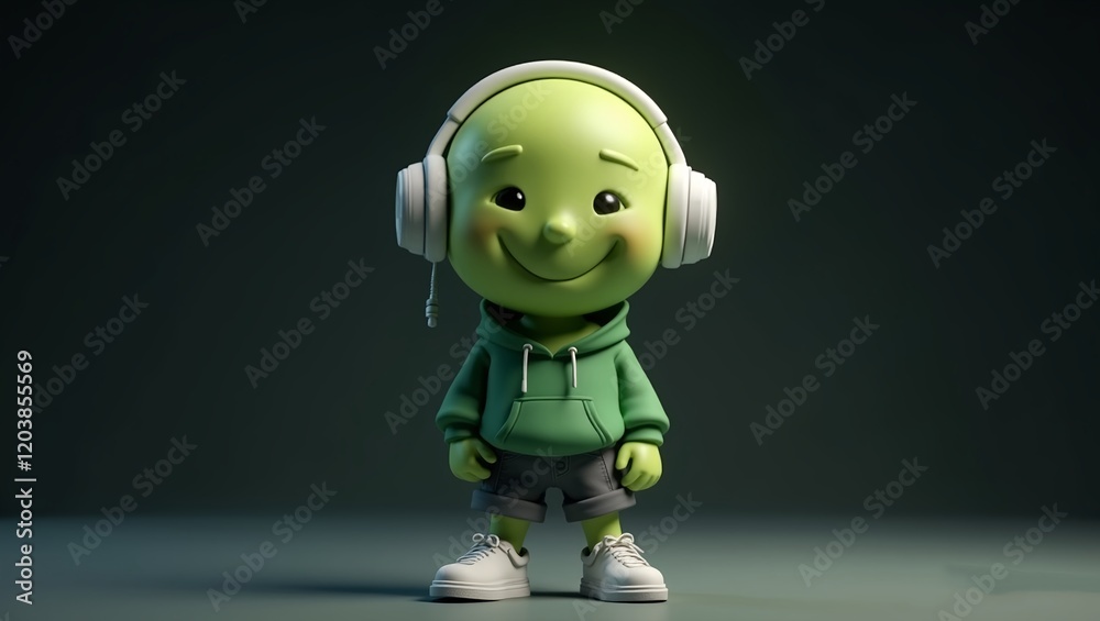 3D cartoon cheerful green smiley face small body dressed in fashionable clothes. wearing a green hoodie, shorts, white shoes, white headphones