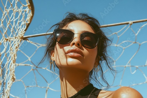 Young woman with sunglasses poses next to a net in a vibrant outdoor setting ...
