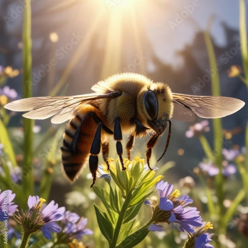 Bee flying around Thygater aethiops with sun light, nature, wildlife photo