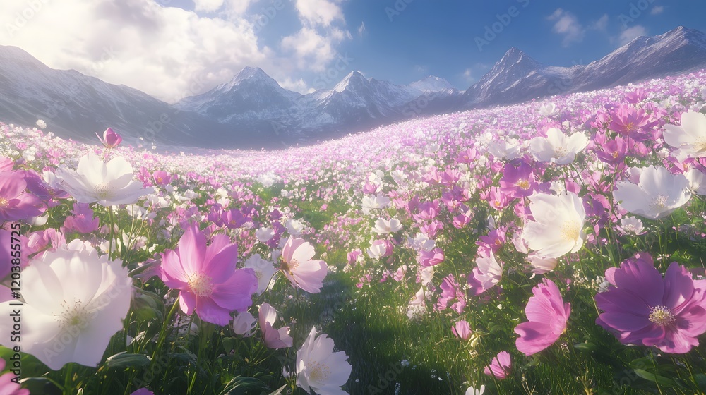 Obraz premium Serene Flower Meadow Against Majestic Snowcapped Mountains