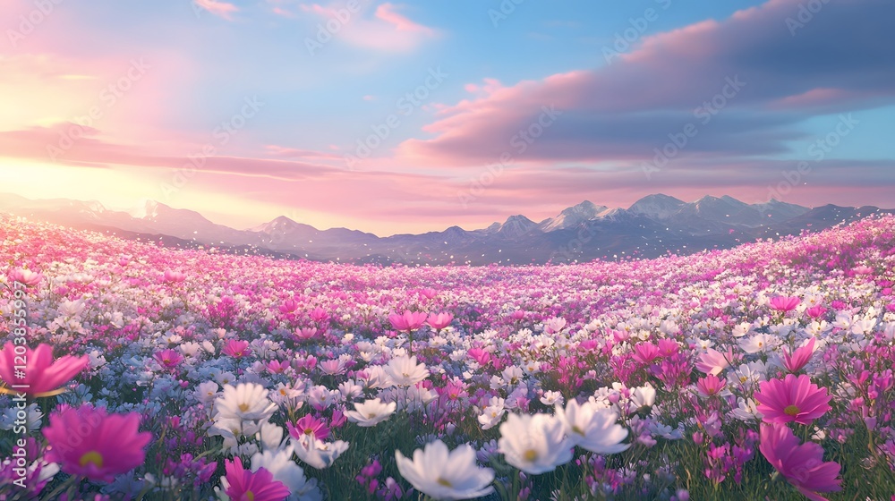 Obraz premium Pink and White Cosmos Field at Sunset Mountain View