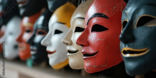 Colorful traditional masks lined up in a row, showcasing diverse facial expressions and artistic craftsmanship. photo