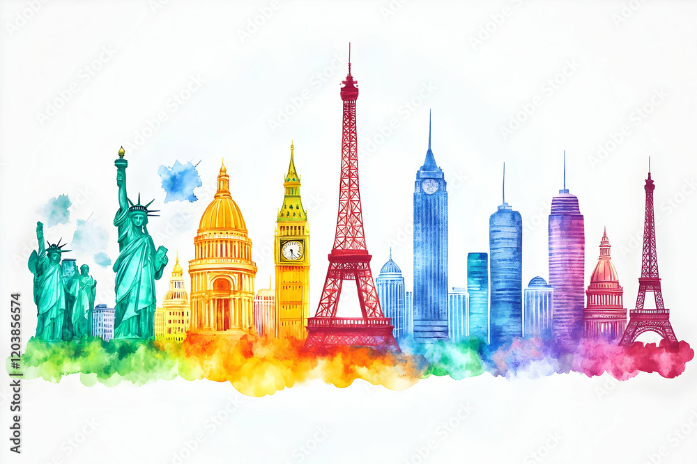 Fototapeta premium Watercolor world landmarks skyline travel poster