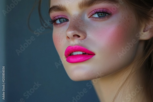 Vibrant close-up of glossy lips illuminated by pink and blue lights in a dark...