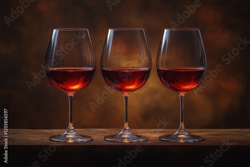 Elegant display of three red wine glasses glowing against a warm backdrop dur...