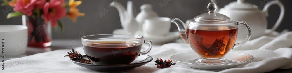 Black tea steeped in a glass teapot on a soft white napkin with a delicate china cup beside it , steaming liquid, hot beverage Black tea steeped in a glass teapot on a soft white napkin with a delicate china cup beside it , steaming liquid, hot beverage