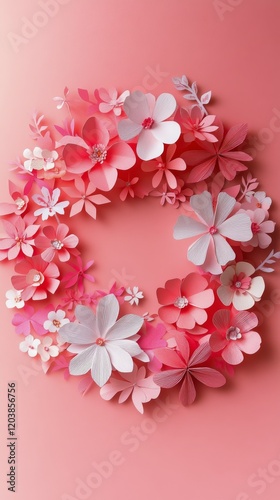 Vibrant paper flowers arranged in beautiful design against a pink background ...