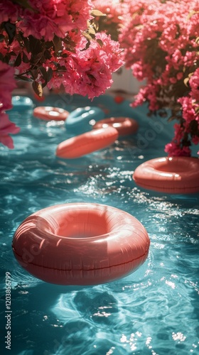 Brightly colored pool floats surrounded by vibrant flowers during a sunny day...