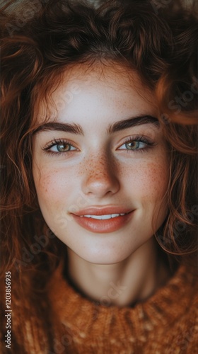 Young woman with curly hair and natural makeup poses for a close-up portrait ...